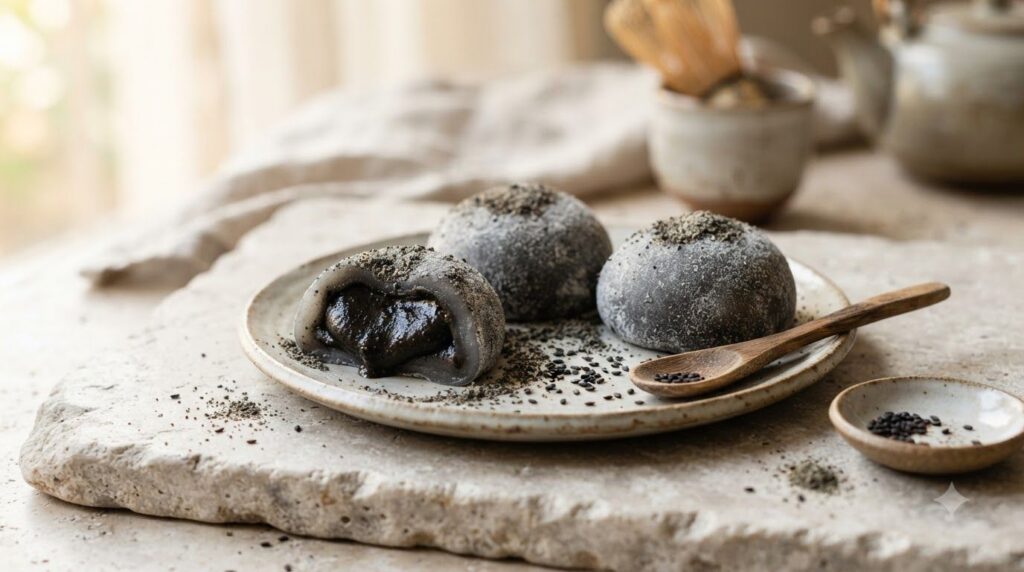 Three dark grey black sesame mochi lightly dusted with black sesame powder revealing a dark rich black sesame paste fill