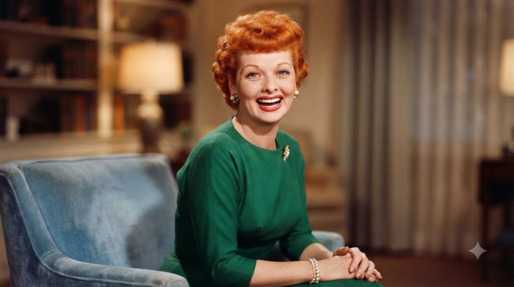 A vibrant color portrait of Lucille Ball from her prime showcasing her famous red hair and iconic smile