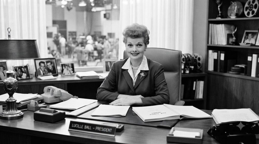 A black and white photo of Lucille Ball at a desk looking professional and assertive symbolizing her role as a studio ex