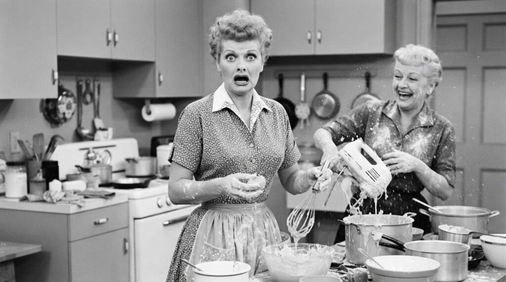 A still from I Love Lucy featuring Lucille Ball in a famous comedic scene perhaps covered in grapes or struggling with a