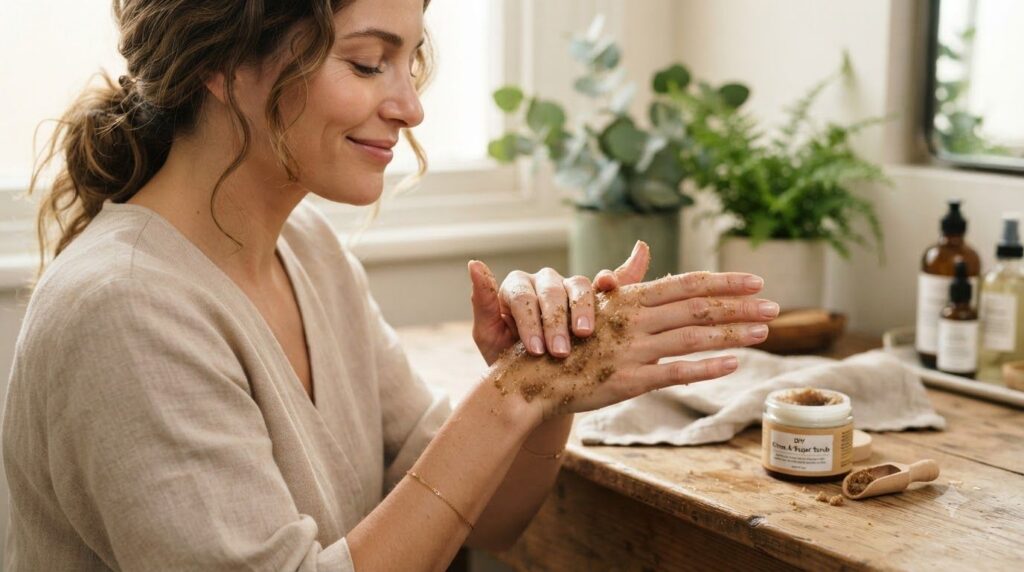 A woman gently massaging the DIY hand scrub onto her hands Her expression is calm and relaxed showing the self-care aspe