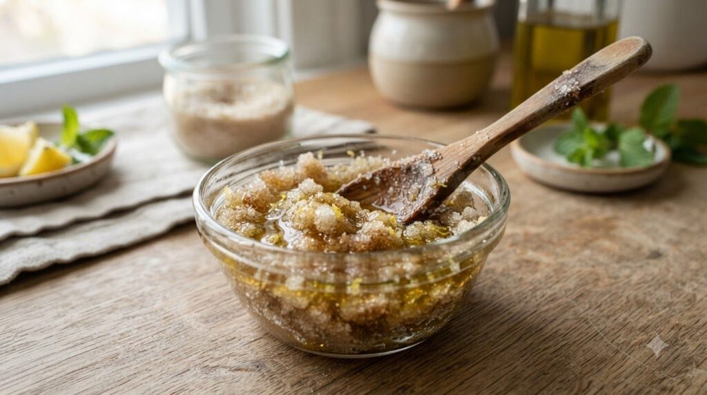 Close-up of a small glass bowl containing the freshly mixed hand scrub with sugar olive oil honey and lemon juice A smal