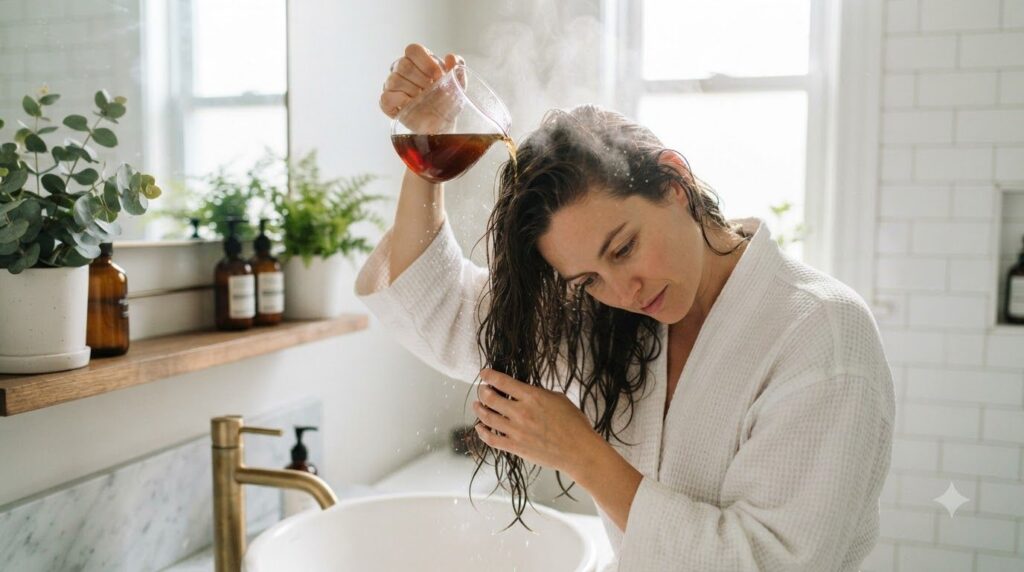 A woman gently pouring a brown liquid from a glass pitcher over her wet hair and scalp with steam or mist rising in a br