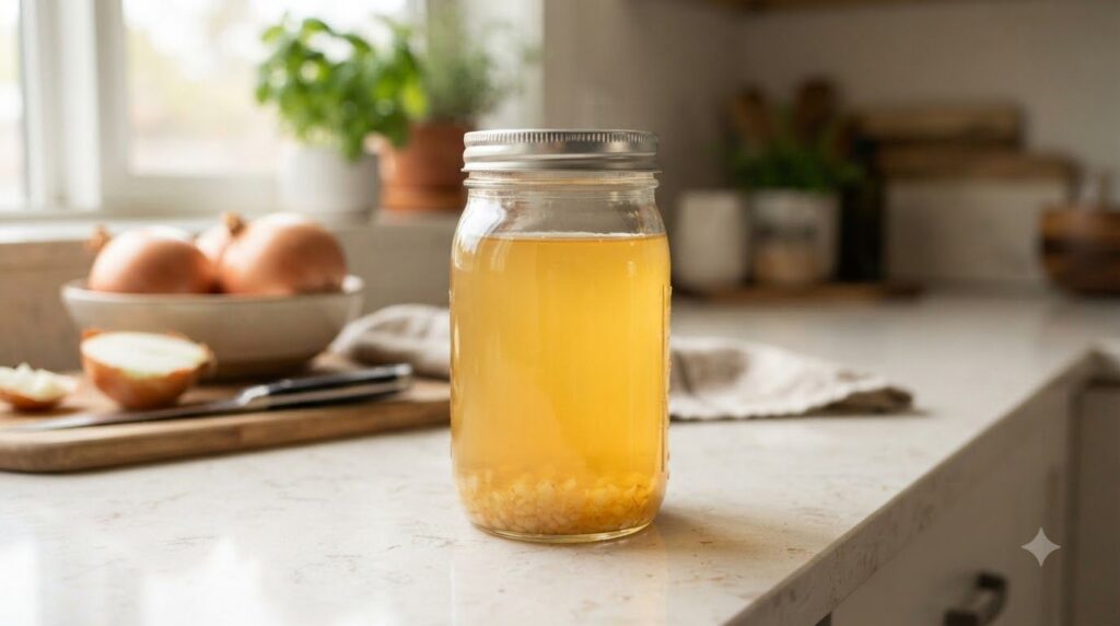 A glass jar filled with strained golden-colored onion water with a few onion pieces at the bottom placed on a kitchen co