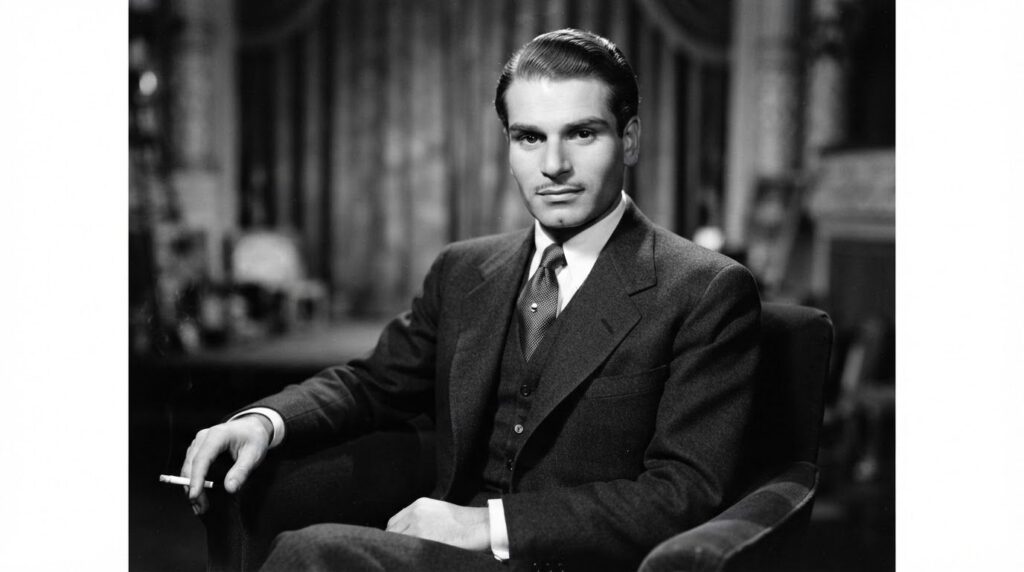 A real archival photo of a younger Laurence Olivier looking distinguished