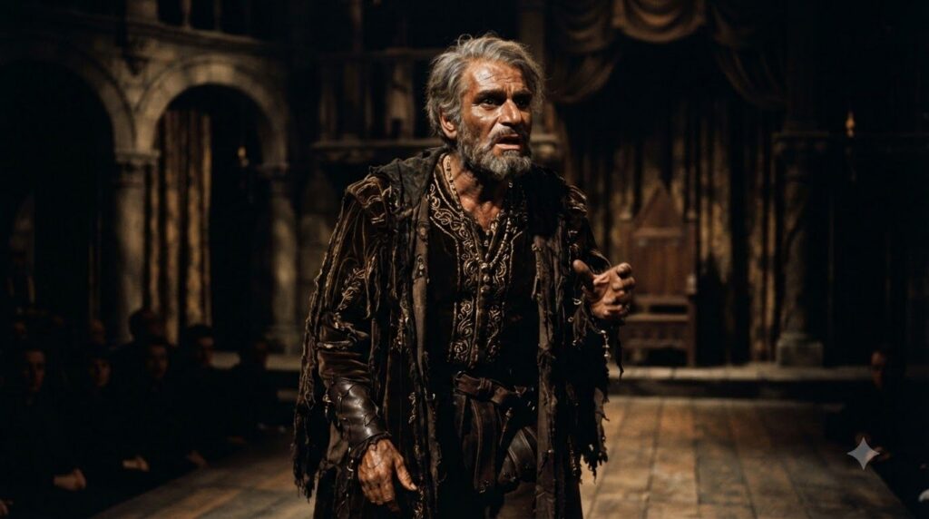 A real film still of Laurence Olivier in a transformed role perhaps with heavy makeup or costume