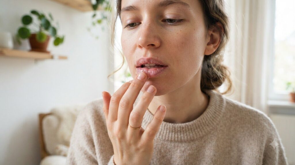 A hand gently applying a small amount of Vaseline to a chapped lip demonstrating safe and effective use The scene is sim