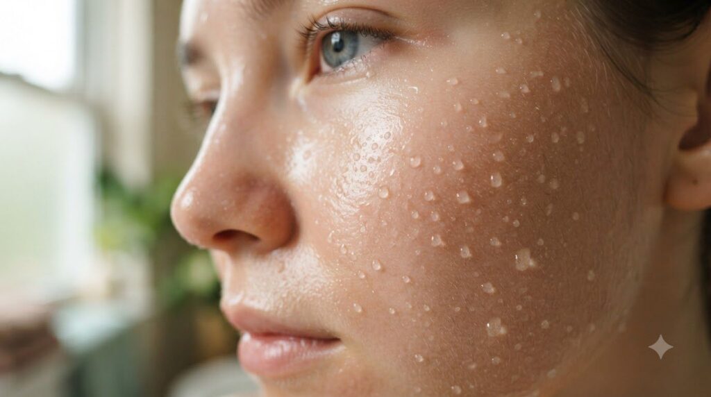 A close-up of healthy glowing skin with small water droplets illustrating the concept of hydration and moisture lock The