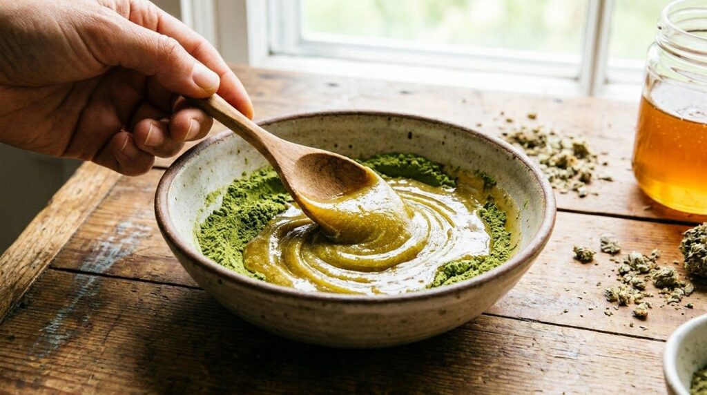 Close-up shot of a small bowl containing raw honey and green herbal powder being mixed with a wooden spoon to form a pas