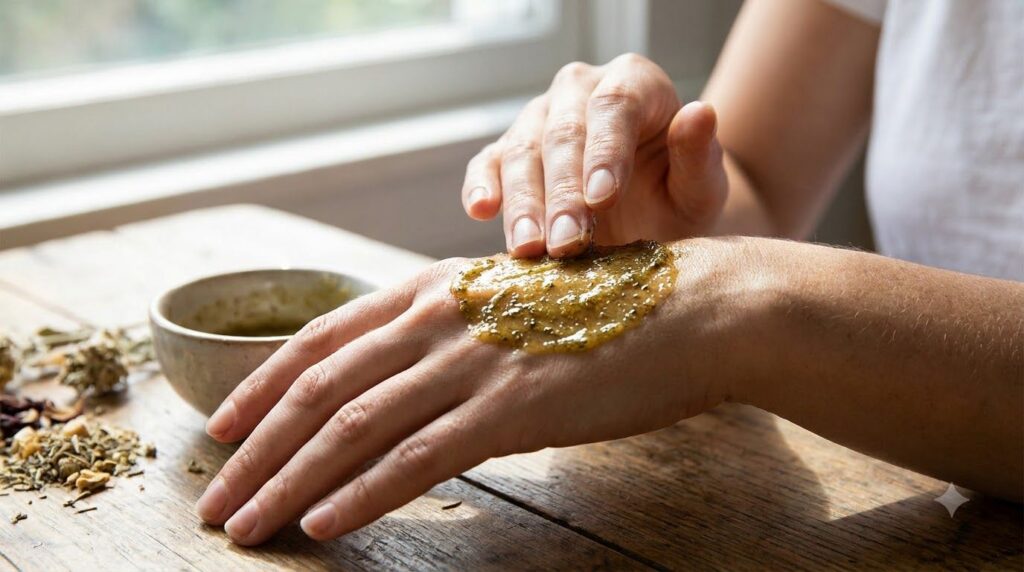 A woman applying the honey and herbal paste gently to the back of her hand showing the texture of the paste on her skin
