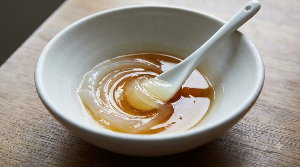 A close-up shot of a small bowl where petroleum jelly and a golden oil are being mixed with a tiny spatula showing a smo