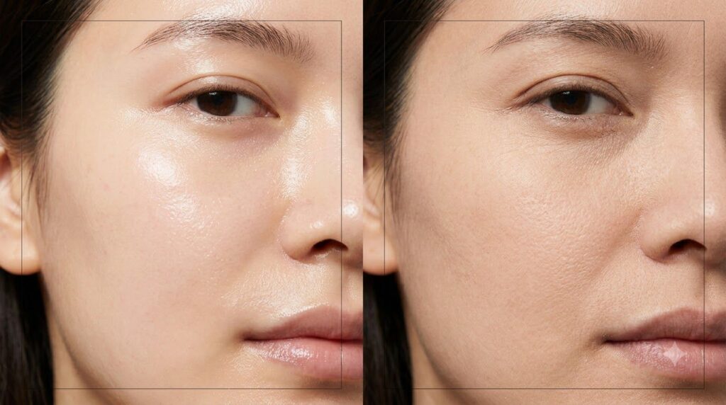 A split image showing a healthy hydrated skin texture on one side and a dry slightly dull skin texture on the other to i