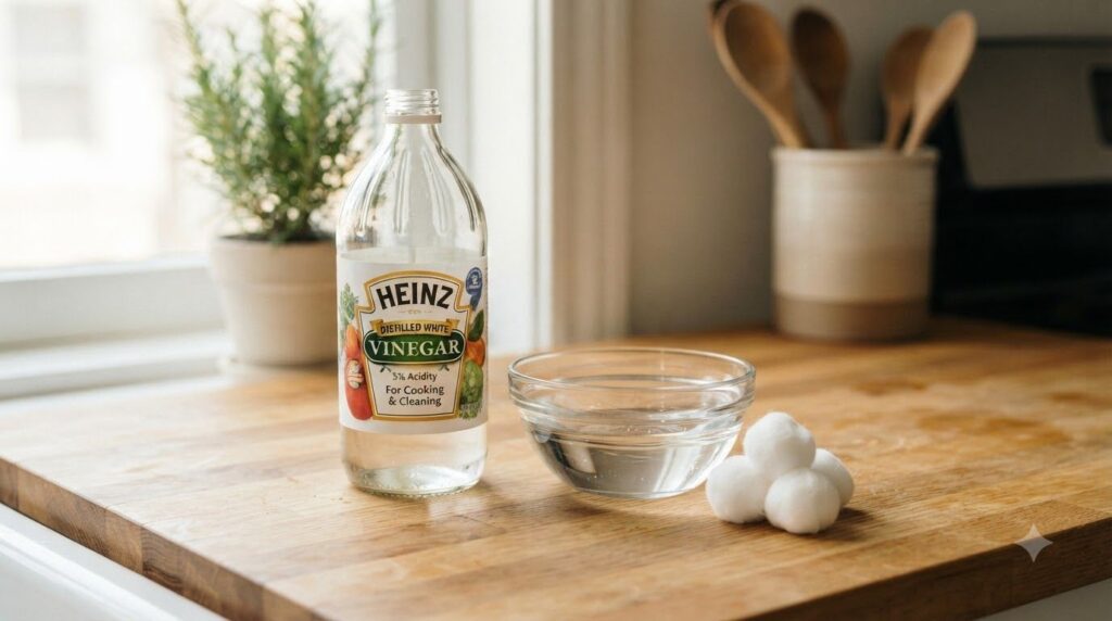 Ingredients for a natural nail remedy showing a bottle of white vinegar a bowl of warm water and cotton balls