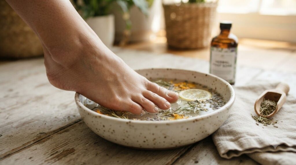 Person soaking their foot nails in a basin with a natural remedy with a focus on the feet and the liquid