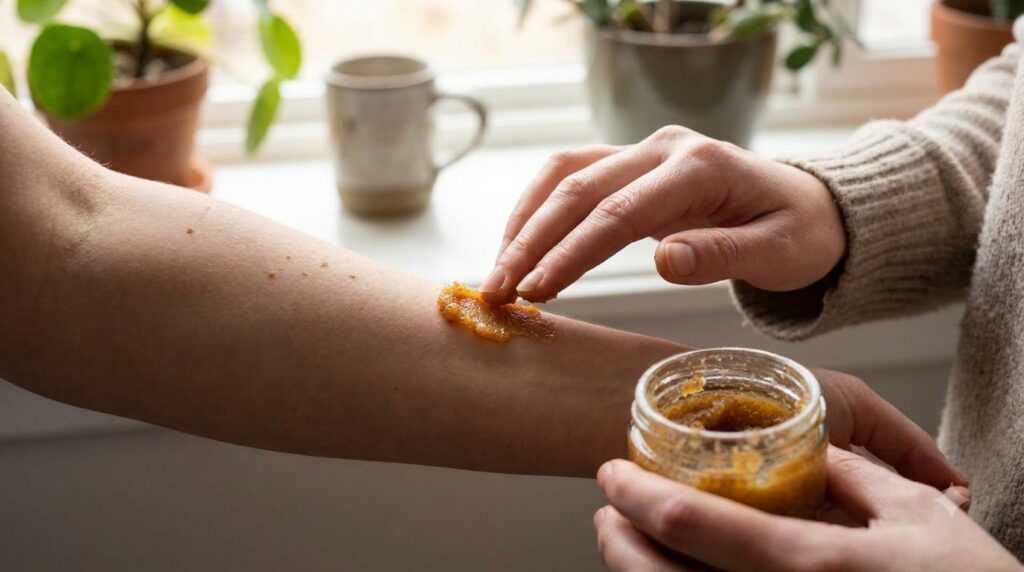 A close-up of a hand gently applying a small amount of the yellow-brown Vaseline turmeric and coffee paste to the back o
