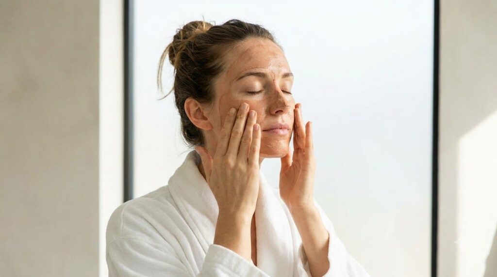 A woman gently massaging her face with her fingertips after applying a beauty paste showing a calm and focused expressio