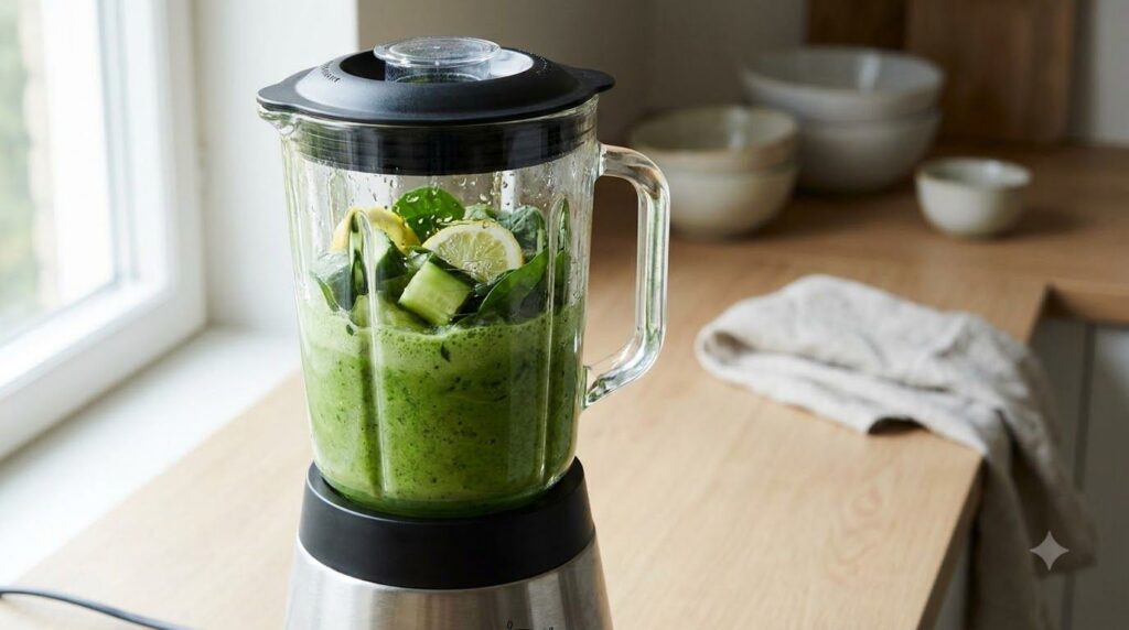 A close-up of a blender filled with fresh green ingredients like cucumber spinach and lemon mid-blend creating a vibrant