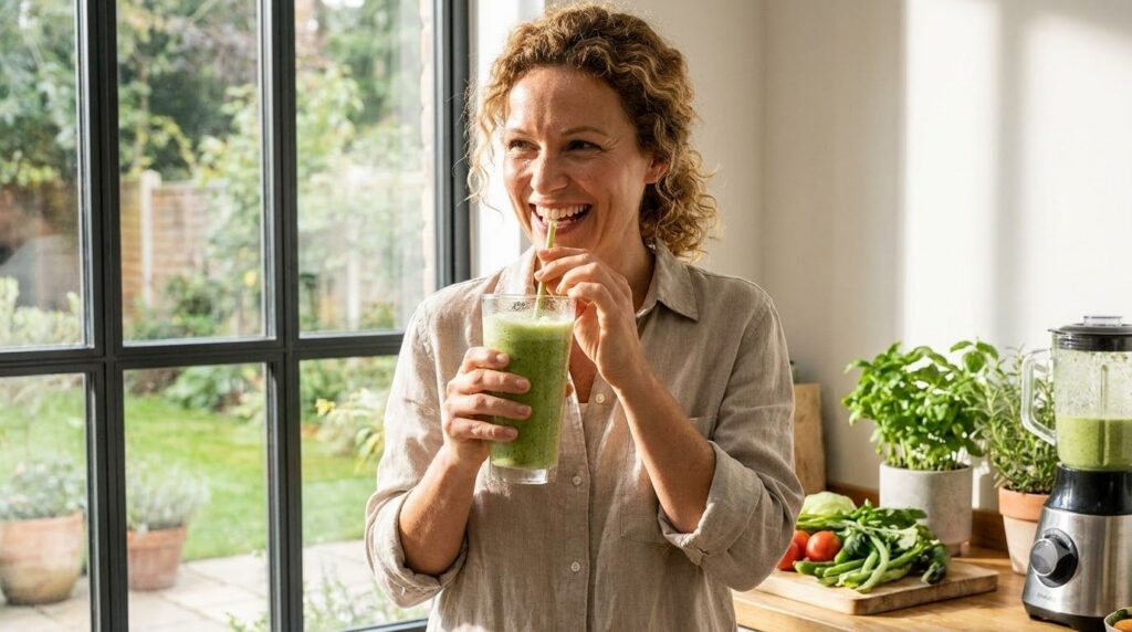 A woman happily drinking a glass of green glow drink in a natural bright setting perhaps by a window or outdoors conveyi