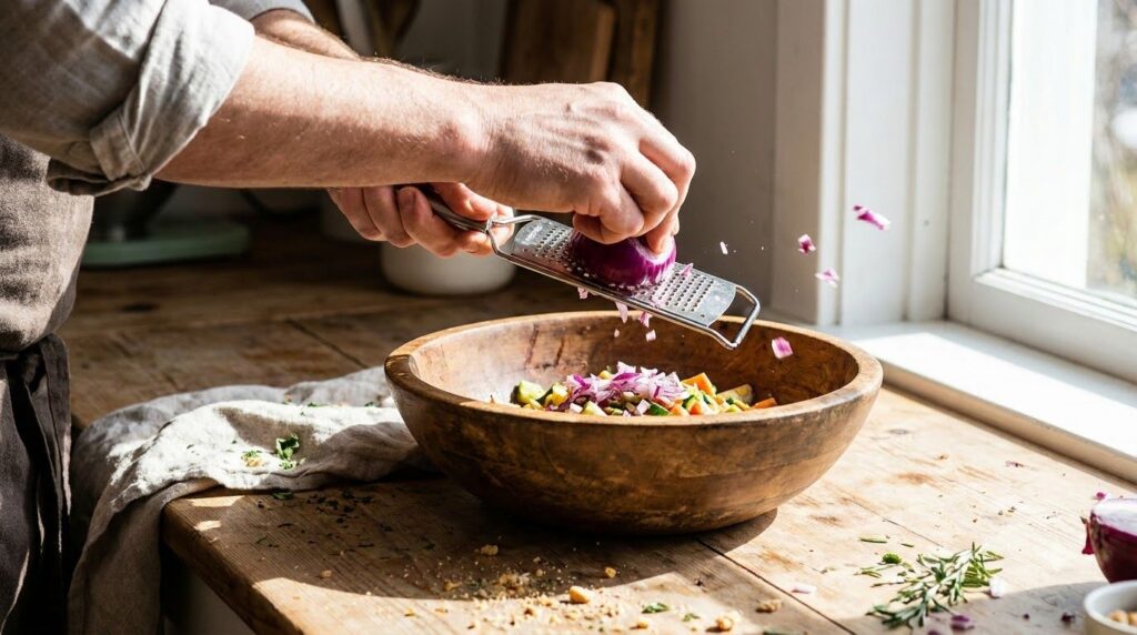 Hands grating a red onion into a bowl demonstrating the preparation step for the hair remedy