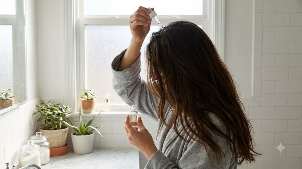 A woman gently massaging red onion juice into her scalp using her fingertips showing the application method