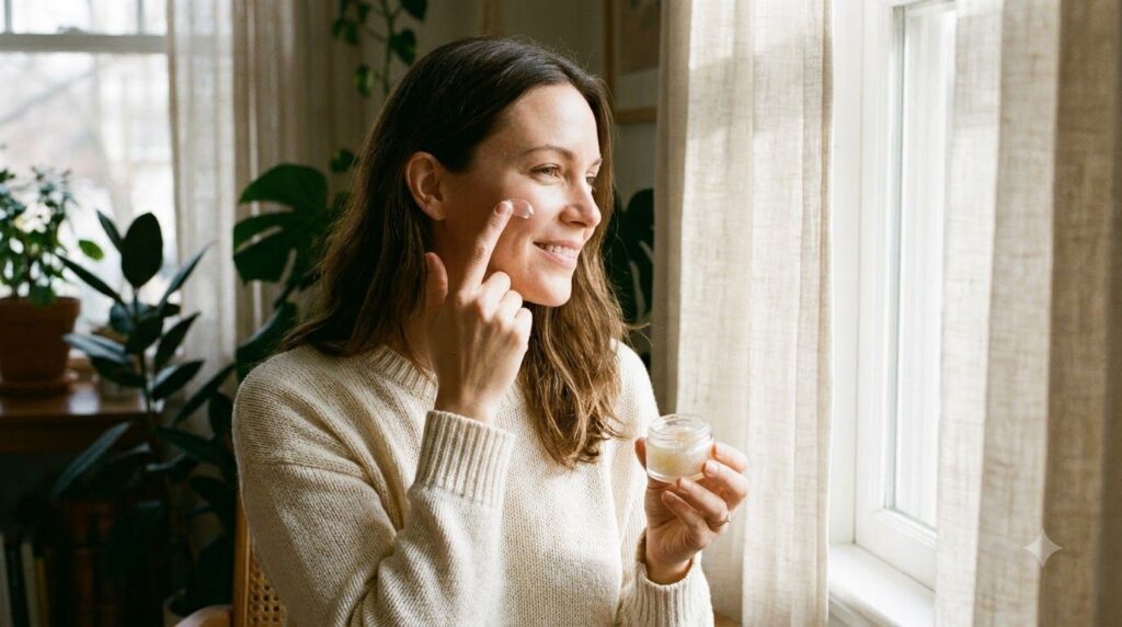 A woman in her 30s or 40s gently dabbing a tiny amount of the Vaseline glow balm on her cheek or under-eye area focusing