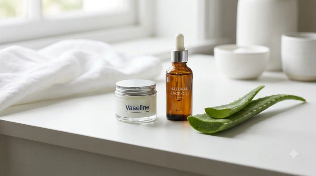 A visually appealing arrangement of the ingredients a small jar of Vaseline a bottle of natural face oil like rosehip or
