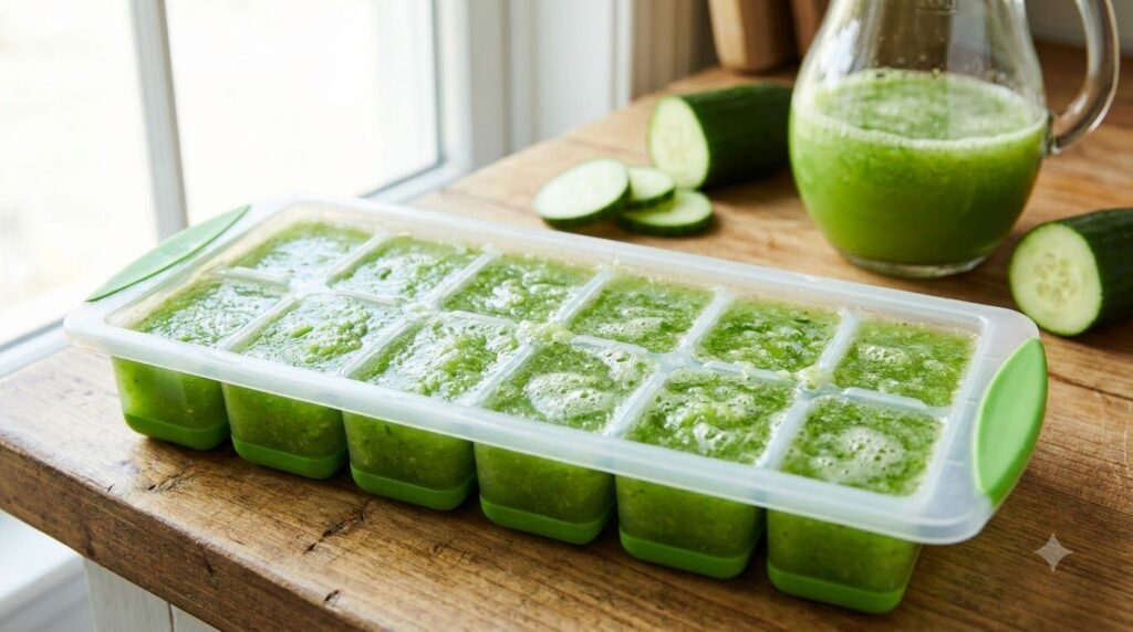 An ice cube tray filled with green cucumber juice ready to be frozen