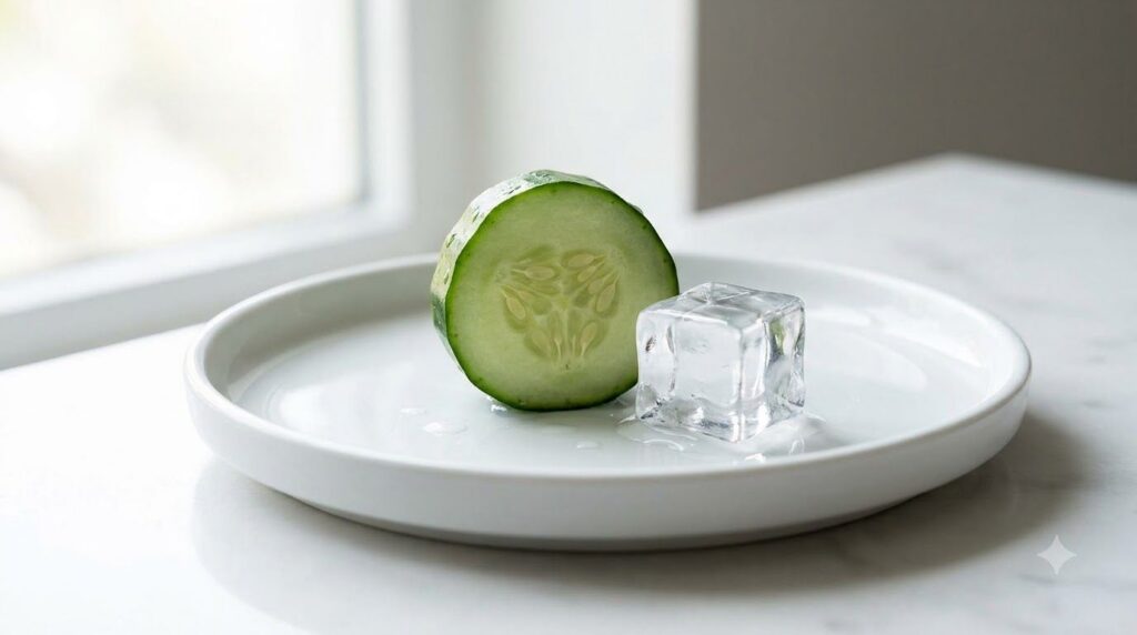 A slice of fresh cucumber next to an ice cube on a clean surface emphasizing their natural freshness