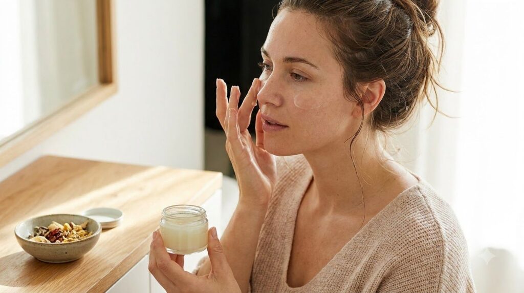 A woman gently massaging a homemade Vaseline mix onto her face focusing on her cheek and under-eye area Her skin looks c
