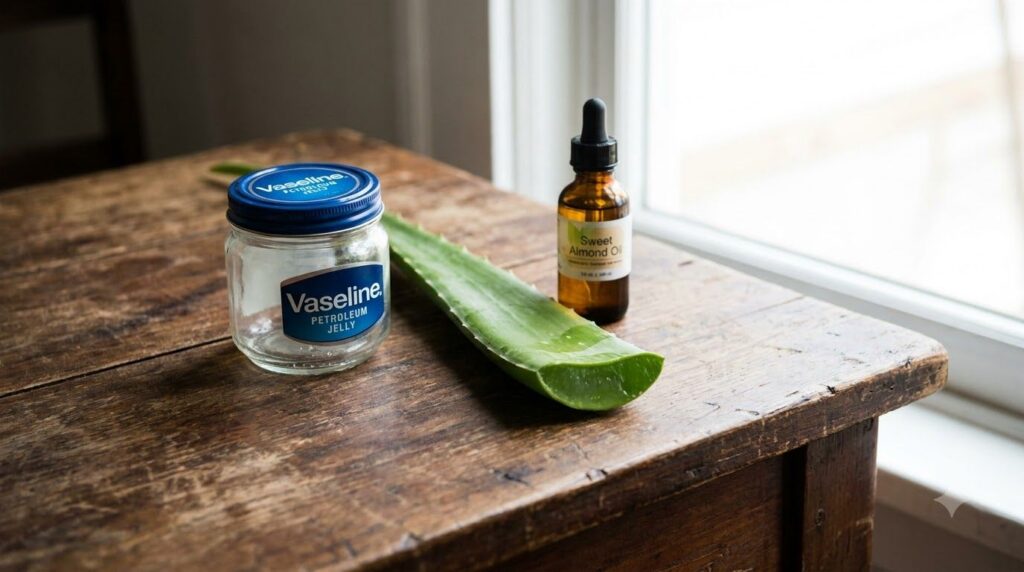 An assortment of the individual ingredients a jar of Vaseline a stalk of fresh aloe vera and a small bottle of sweet alm