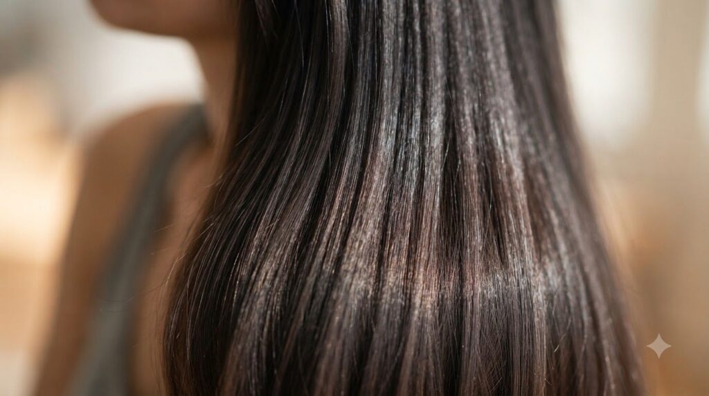 A close-up of healthy shiny hair strands possibly after a hair treatment with a subtle glow illustrating the desired res