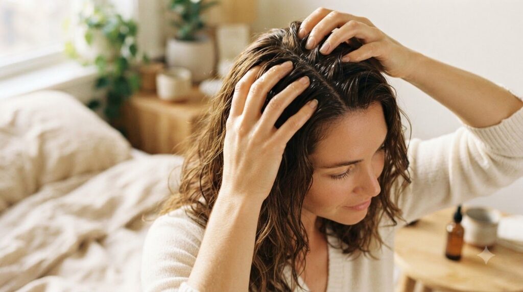 A woman s hands gently massaging the homemade hair oil blend into her scalp Her hair is parted showing the oil being app