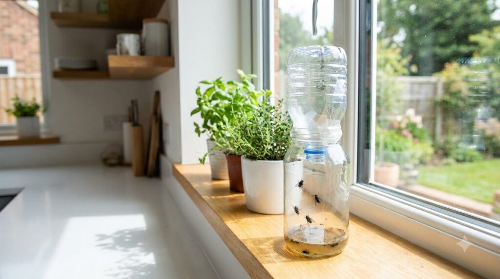 A homemade fly trap a clear jar with a funnel top placed discreetly near a window in a bright kitchen with a few flies a