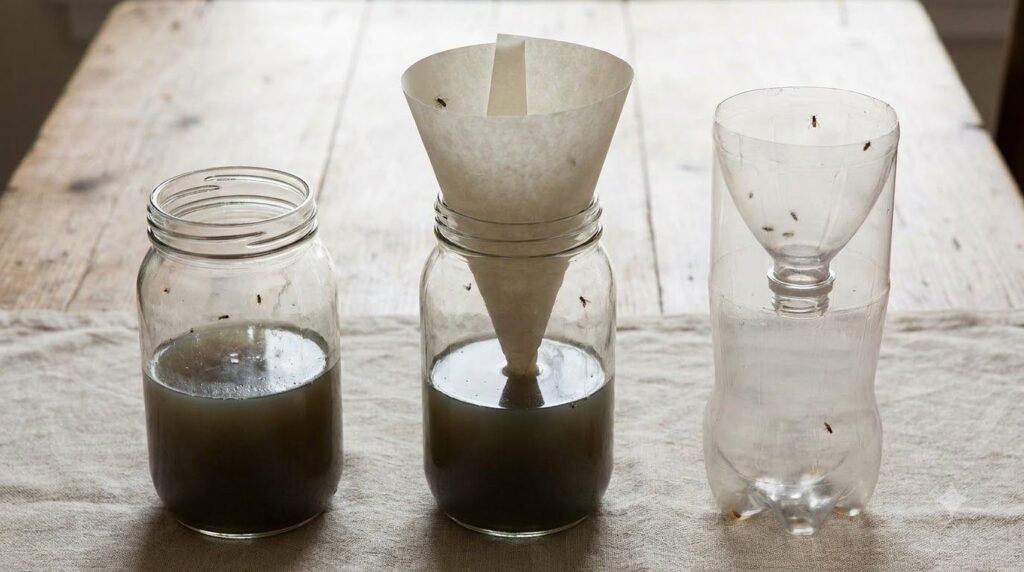 A side-by-side comparison of different homemade fly trap designs one open jar one jar with a DIY paper cone funnel and o