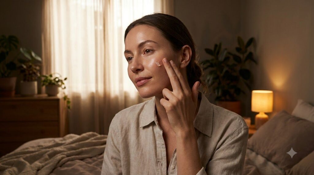 A woman gently applying a small amount of night gel to her face before bed in a soft calm bedroom setting