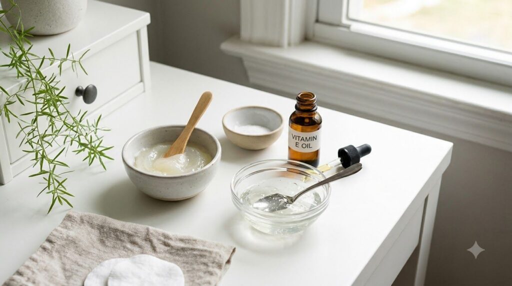Three small bowls or containers showcasing petroleum jelly aloe vera gel and a small bottle of vitamin E oil arranged ne