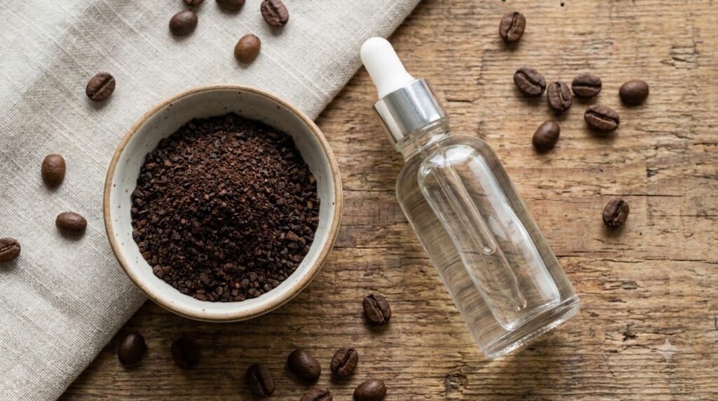 Ingredients for coffee and baby oil mask including coffee grounds and a bottle of baby oil