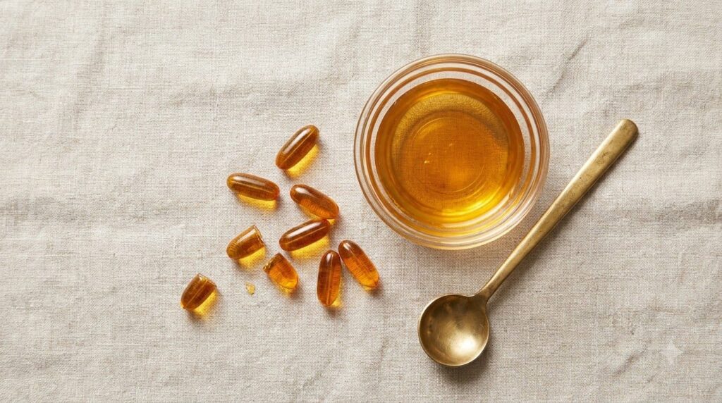 A small bowl with Vaseline Vitamin E capsules and a stirring spoon ready to be mixed