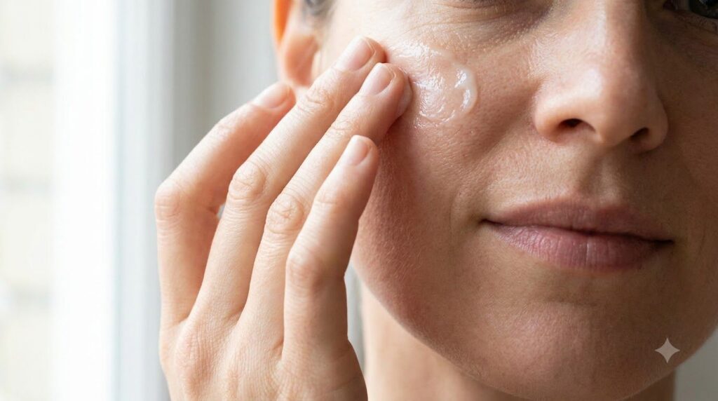 A person gently applying the homemade cream to their face around the eyes or mouth showing a smooth texture
