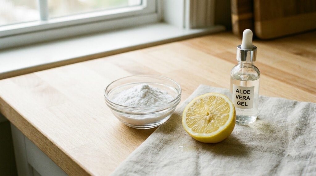 Ingredients for a DIY face scrub a small bowl with baking soda a cut lemon and a small container of water or aloe vera g