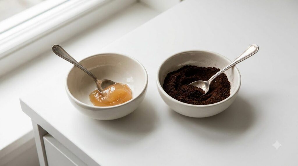 Two small bowls on a clean white surface one containing a dollop of Vaseline and the other holding finely ground coffee 