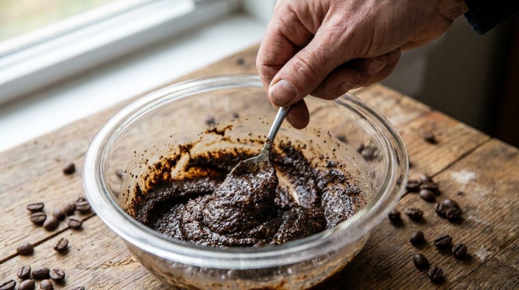 A close-up of a hand mixing Vaseline and coffee grounds in a small glass bowl with a spoon creating a thick brownish pas