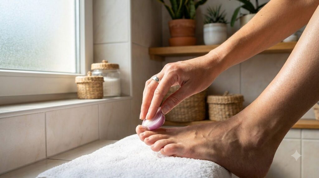 A woman s hand gently pressing a small slice of onion onto her clean bare toenail demonstrating the application process 