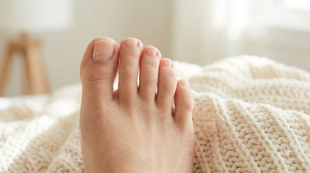 A close-up of healthy-looking clear toenails showing a well-maintained and natural appearance The background is soft and