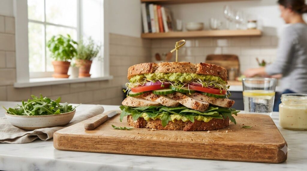 A vibrant healthy sandwich overflowing with fresh vegetables lean grilled chicken and a light spread demonstrating nutri