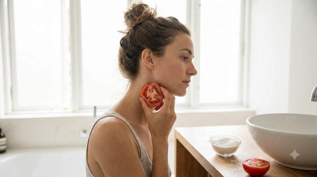 A person gently rubbing a sugar-coated tomato half on their neck demonstrating the DIY scrub application
