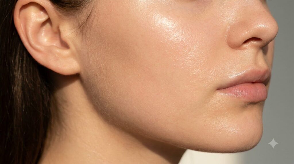 A close-up of a woman s cheek and jawline showing smooth clear and radiant skin with a soft natural glow implying youthf
