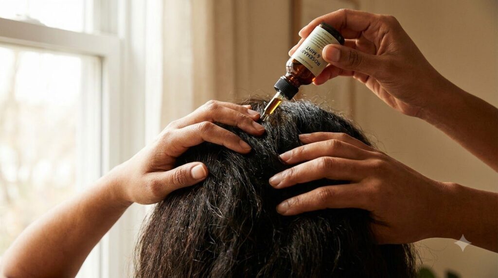 A person s hands gently massaging the homemade hair growth oil into their scalp and hair showing a close-up of the appli