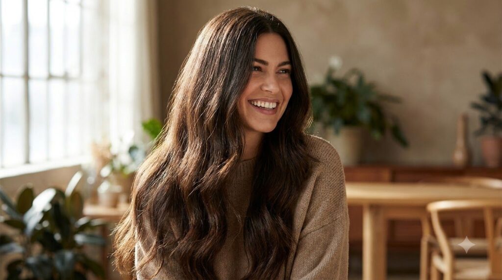 A woman with visibly healthy shiny and thick hair smiling confidently representing the positive results of consistent ha