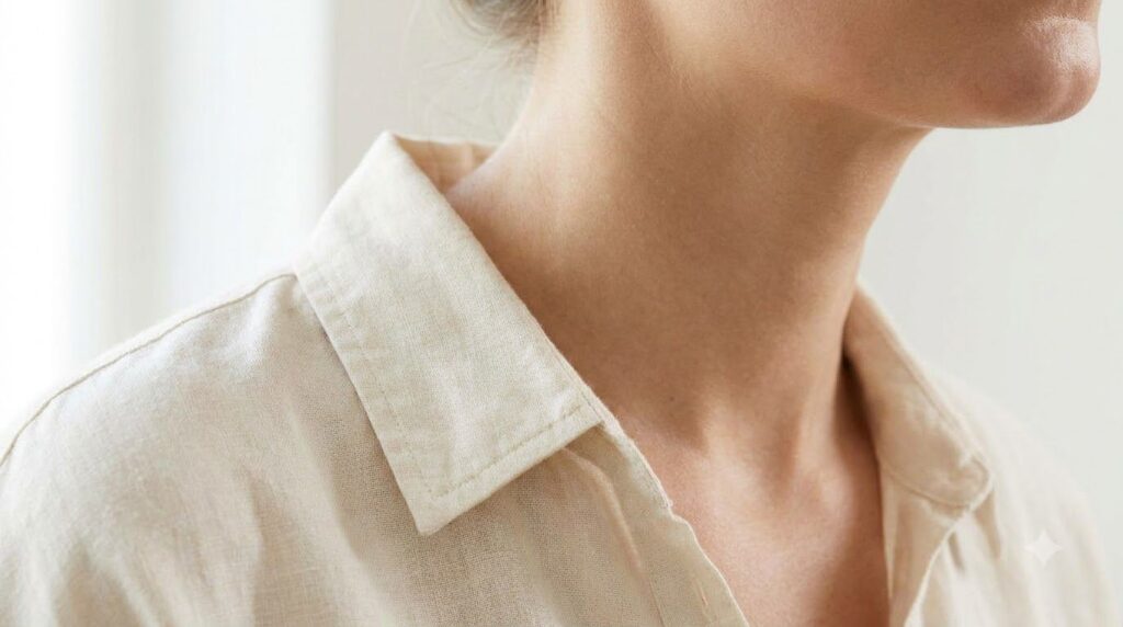 A close-up of a woman s neck visibly smooth and with a more even tone after regular use of a natural scrub highlighting 